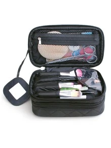 1pc Rhombus Black Double Layer With Mirror Large Capacity Portable Makeup Bag For Women Girls Storage Makeup Organizer Makeup Case - Black - View 2