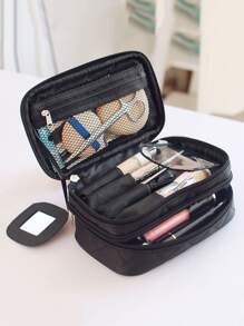1pc Rhombus Black Double Layer With Mirror Large Capacity Portable Makeup Bag For Women Girls Storage Makeup Organizer Makeup Case - Black - View 5