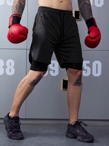 男士腰部抽繩二合一短褲帶手機袋 - 黑色 - 查看 4