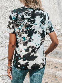 SHEIN LUNE 豹紋和字母圖案T恤 - 彩色 - 查看 2