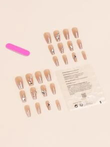 Eleva tu estilo con 24 piezas de diamantes de imitación de brillo de ataúd largo para decoración de uñas falsas y 1 hoja de cinta y 1 lima de uñas - Multicolor - Ver 2