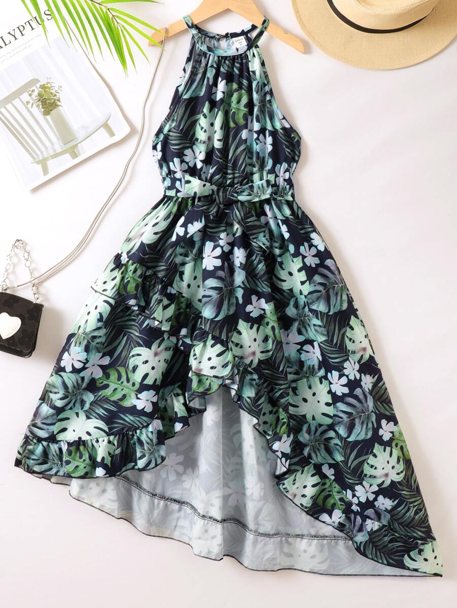 SHEIN 女孩熱帶圖案高低下擺掛脖洋裝 - 彩色 - 查看 1