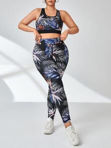 Plus Tropical Print Crisscross Back Sports Set - Multicolor - View 2