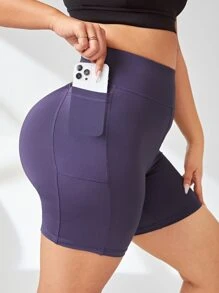 SHEIN Yoga Futuristic Plus Wide Waistband Sports Shorts With Phone Pocket