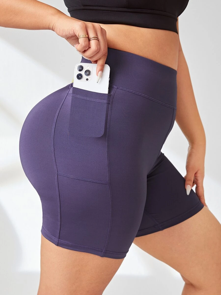 SHEIN Yoga Futuristic Plus Wide Waistband Sports Shorts With Phone Pocket