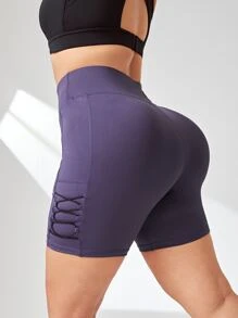 SHEIN Yoga Futuristic Plus Wide Waistband Sports Shorts With Phone Pocket