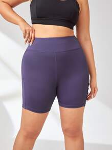 SHEIN Yoga Futuristic Plus Wide Waistband Sports Shorts With Phone Pocket