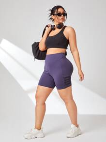 SHEIN Yoga Futuristic Plus Wide Waistband Sports Shorts With Phone Pocket