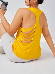 Plus Cut Out Back Sports Tank Top - Yellow - View 1