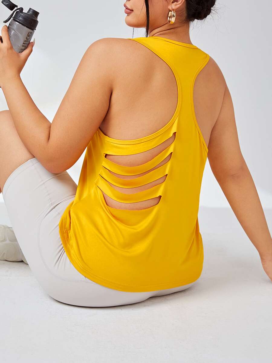 Plus Cut Out Back Sports Tank Top - Yellow - View 1