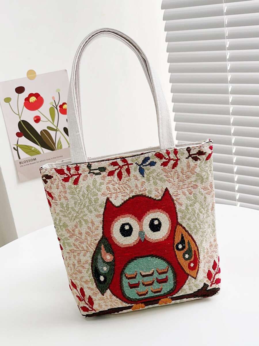 Bolso tote de hombro con patrón de búho de dibujos animados de color combinado doble asa de lona para diariamente - Multicolor - Ver 1