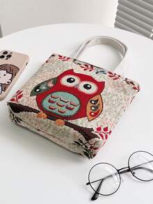 Bolso tote de hombro con patrón de búho de dibujos animados de color combinado doble asa de lona para diariamente - Multicolor - Ver 2