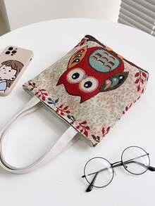 Bolso tote de hombro con patrón de búho de dibujos animados de color combinado doble asa de lona para diariamente - Multicolor - Ver 6