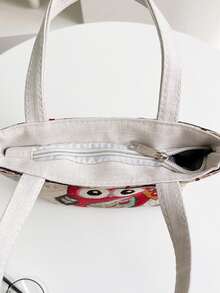 Bolso tote de hombro con patrón de búho de dibujos animados de color combinado doble asa de lona para diariamente - Multicolor - Ver 7