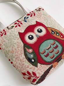 Bolso tote de hombro con patrón de búho de dibujos animados de color combinado doble asa de lona para diariamente - Multicolor - Ver 8