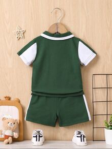 男嬰字母圖案袖子撞色POLO衫和短褲 - 綠色 - 查看 2