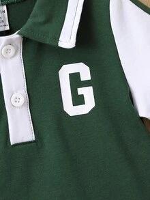 男嬰字母圖案袖子撞色POLO衫和短褲 - 綠色 - 查看 6