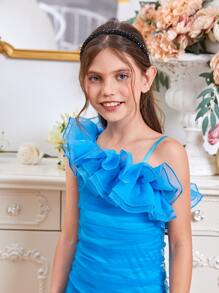 SHEIN Girls Asymmetrical Shoulder Ruffle Trim Ruched Mesh Overlay Dress - Blue - View 5