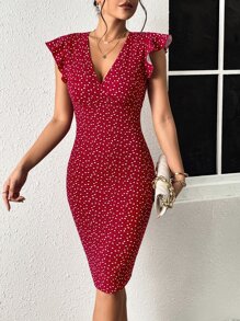 SHEIN Clasi Vestido con estampado de corazón de manga mariposa - Burdeos - Ver 6