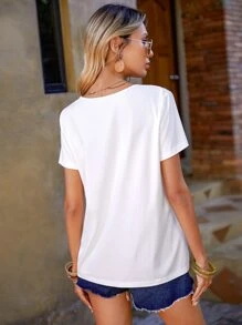 SHEIN LUNE Camiseta con estampado floral de cuello V - Blanco - Ver 2