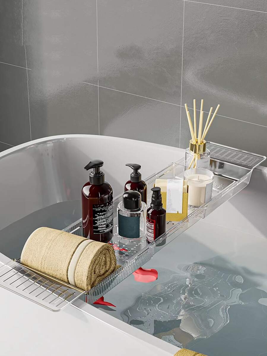 1個浴缸伸縮置物架,可折疊的浴室木桶沐浴收納架,可放置手機和其他物品的浴缸收納板和托盤 - 無色 - 查看 1