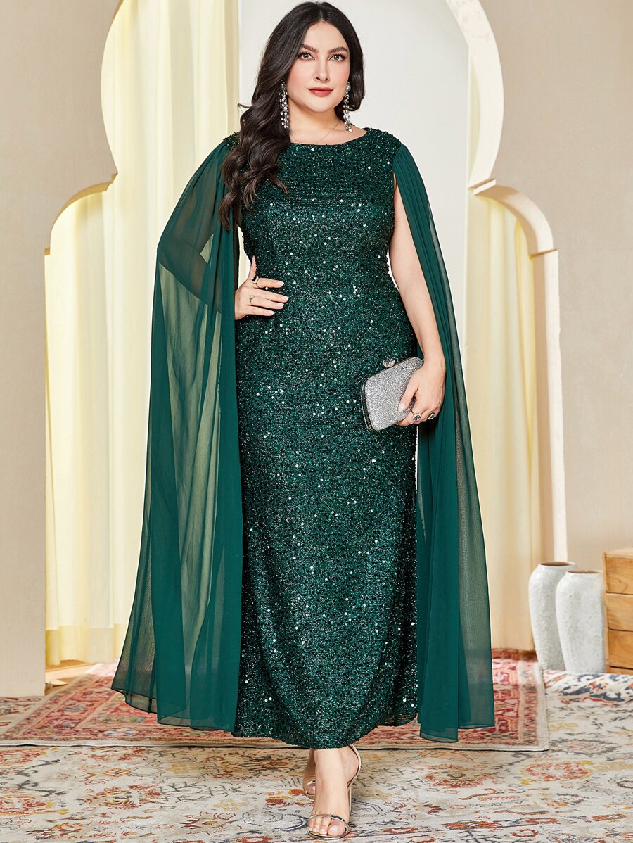 Modelyn Plus Cloak Sleeve Sequin Formal Dress With Cape - Dark Green - View 1