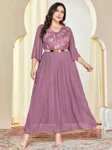 Modelyn Plus Butterfly Embroidery Pleated Hem Dress - Purple - View 1