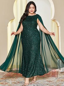 Modelyn Plus Cloak Sleeve Sequin Formal Dress With Cape - Dark Green - View 3