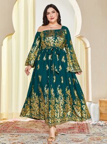 Al Najma Plus Gold Floral Print Asymmetrical Neck Belted Dress - Dark Green - View 1