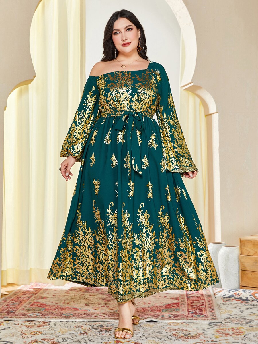 Al Najma Plus Gold Floral Print Asymmetrical Neck Belted Dress - Dark Green - View 1
