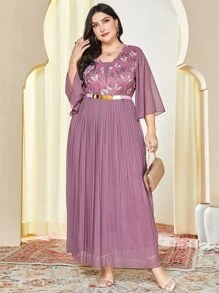 Modelyn Plus Butterfly Embroidery Pleated Hem Dress - Purple - View 3