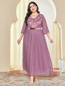 Modelyn Plus Butterfly Embroidery Pleated Hem Dress - Purple - View 4