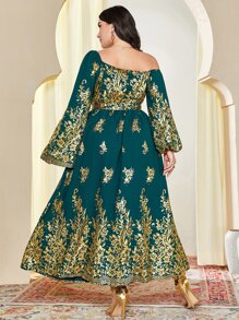 Al Najma Plus Gold Floral Print Asymmetrical Neck Belted Dress - Dark Green - View 2