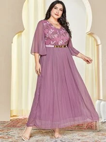 Modelyn Plus Butterfly Embroidery Pleated Hem Dress - Purple - View 6