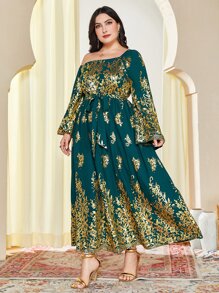 Al Najma Plus Gold Floral Print Asymmetrical Neck Belted Dress - Dark Green - View 5
