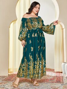Al Najma Plus Gold Floral Print Asymmetrical Neck Belted Dress - Dark Green - View 6