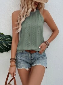 SHEIN LUNE Solid Eyelet Embroidery Halter Top