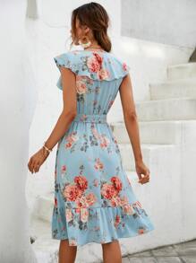 SHEIN VCAY Vestido con cinturón con estampado floral ribete con fruncido - Celeste - Ver 2
