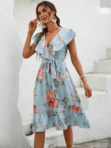 SHEIN VCAY Vestido con cinturón con estampado floral ribete con fruncido - Celeste - Ver 3