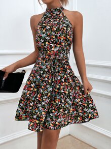 SHEIN VCAY Ditsy Floral Print Belted Halter Dress - Multicolor - View 4