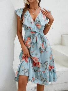 SHEIN VCAY Vestido con cinturón con estampado floral ribete con fruncido - Celeste - Ver 4