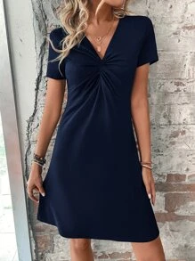 SHEIN LUNE Twist Front Solid Dress - Navy Blue - View 3