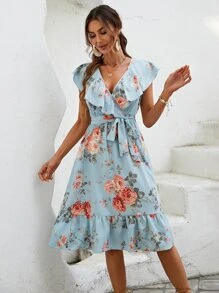 SHEIN VCAY Vestido con cinturón con estampado floral ribete con fruncido - Celeste - Ver 6