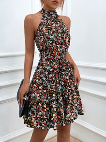 SHEIN VCAY Ditsy Floral Print Belted Halter Dress - Multicolor - View 6