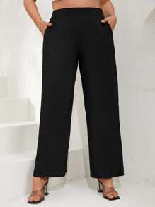 RueChic Plus Solid Slant Pocket Wide Leg Trousers - Black - View 1