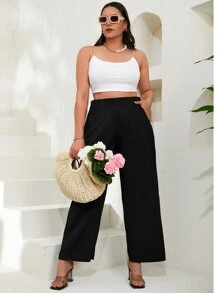 RueChic Plus Solid Slant Pocket Wide Leg Trousers - Black - View 4