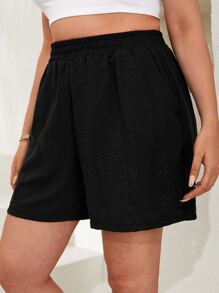 RueChic Plus Solid Elastic Waist Shorts - Black - View 4