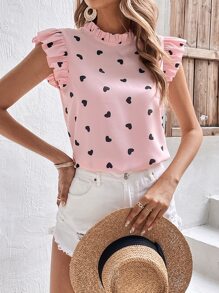 SHEIN Frenchy Heart Print Ruffle Trim Mock Neck Blouse Summer Pink Casual - Baby Pink - View 8