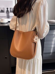 Small Crossbody Bag Solid Brown With Bag Charm - Brown - View 1