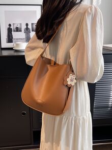 Small Crossbody Bag Solid Brown With Bag Charm - Brown - View 2